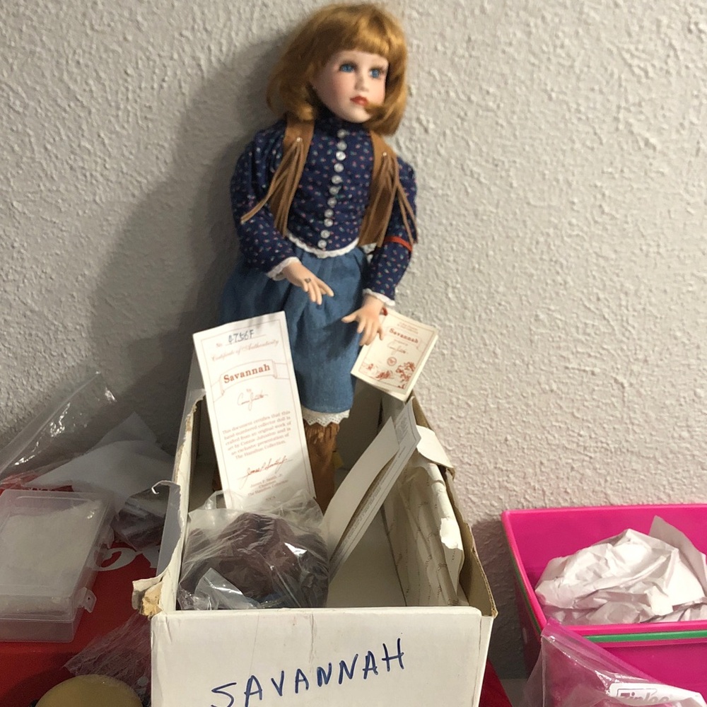 Savannah Porcelain Doll with Blue and Brown Outfit